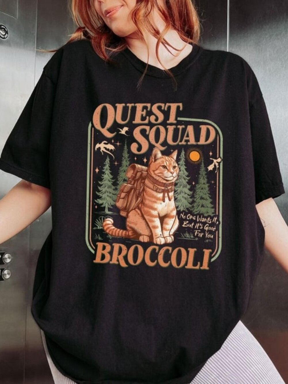 Quest Squad Broccoli Cat Shirt, Dragon Rider Fantasy Tee